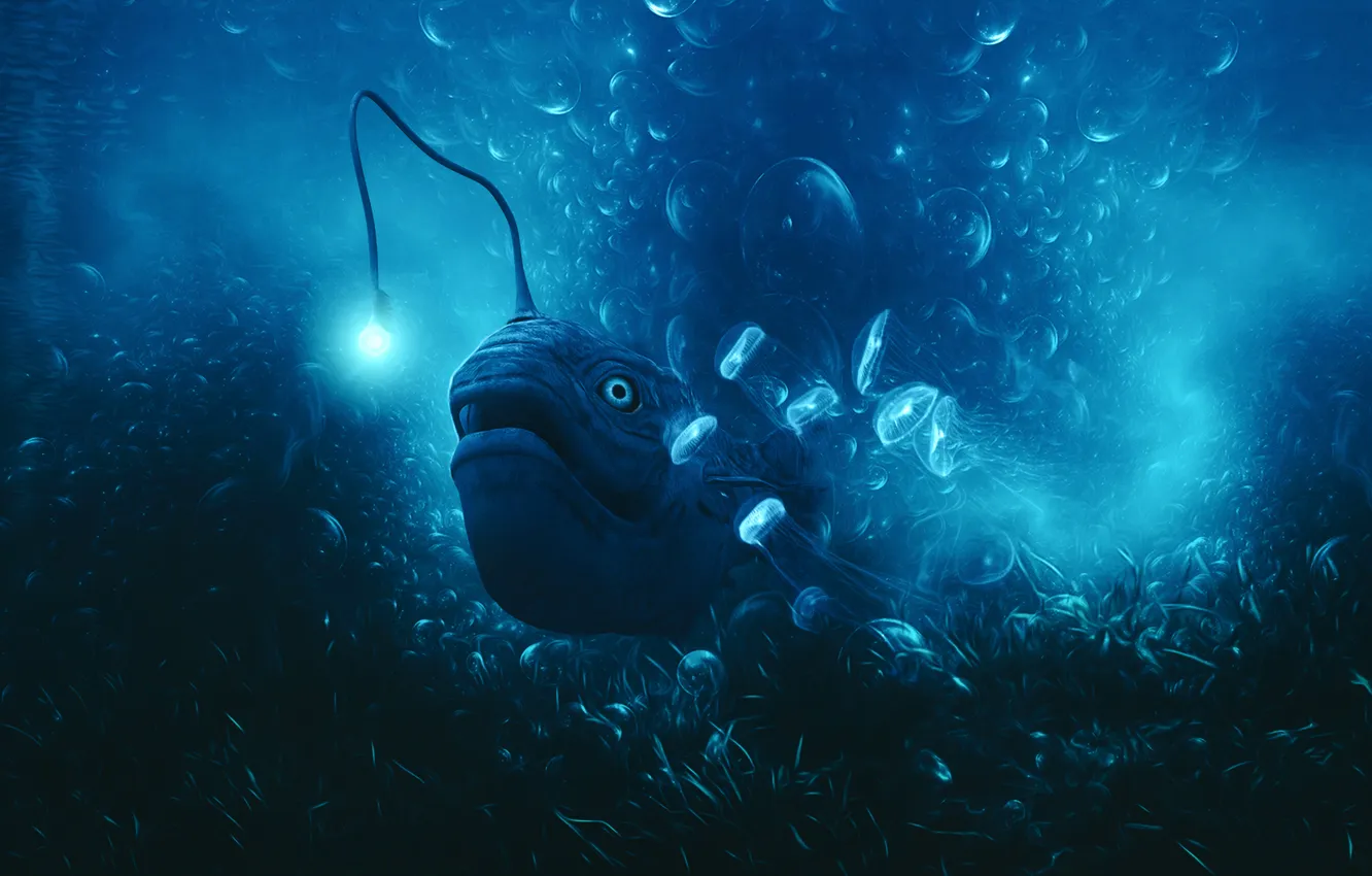 Фото обои море, свет, рыба, арт, медузы