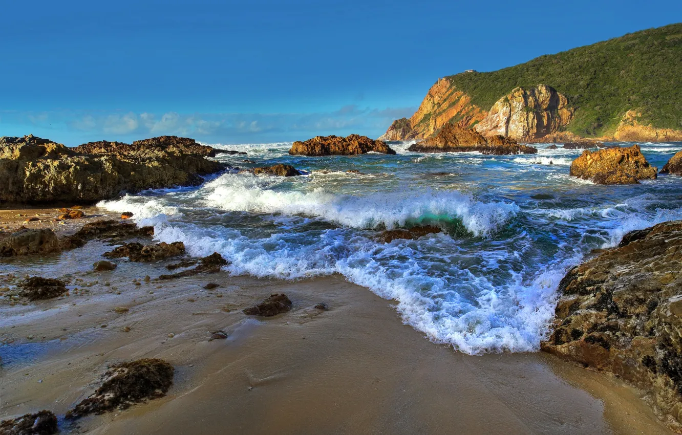 Фото обои песок, море, волны, небо, пена, океан, скалы, берег