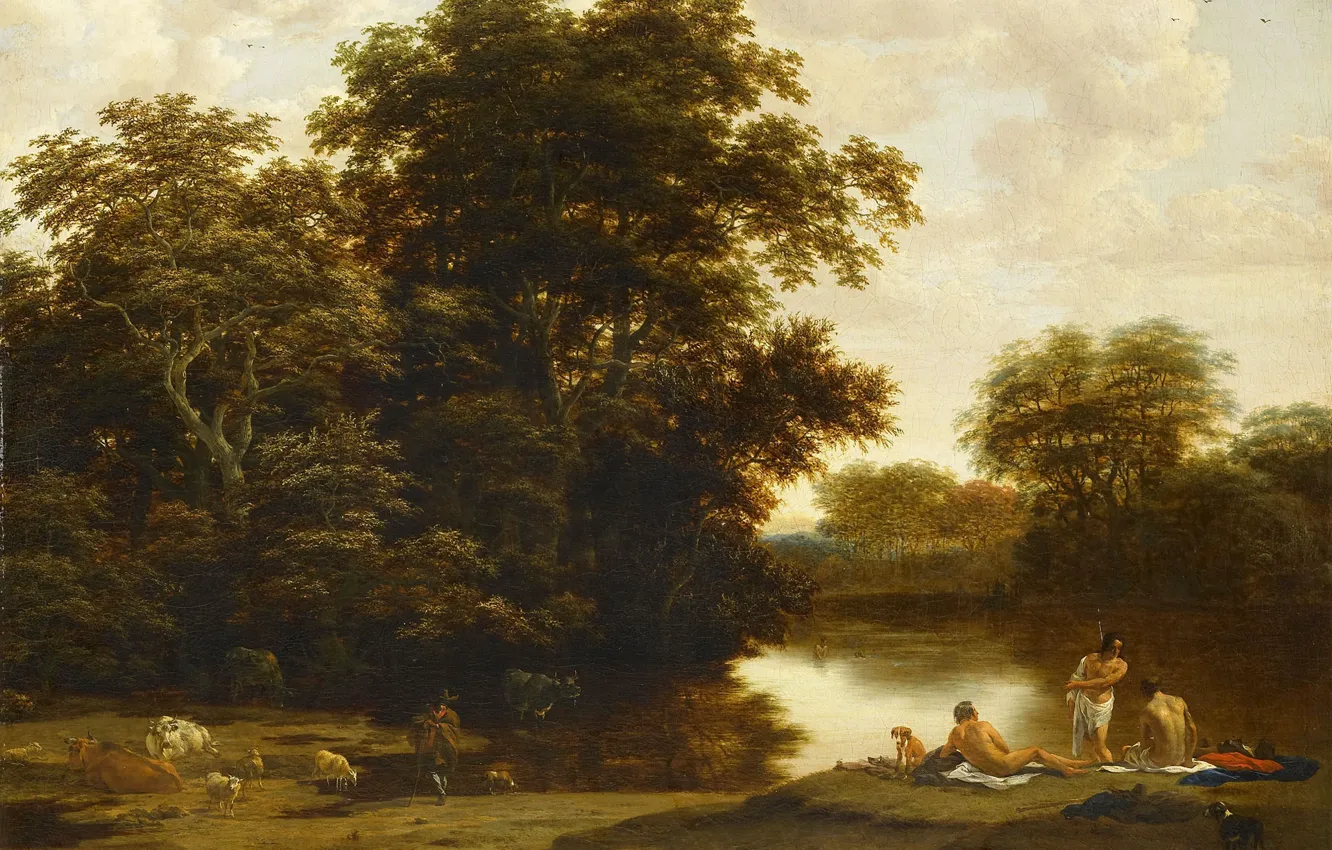 Фото обои природа, картина, Пейзаж с Купальщиками, Йорис ван дер Хаген