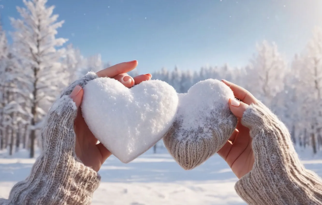 Фото обои зима, снег, любовь, романтика, сердце, руки, love, happy