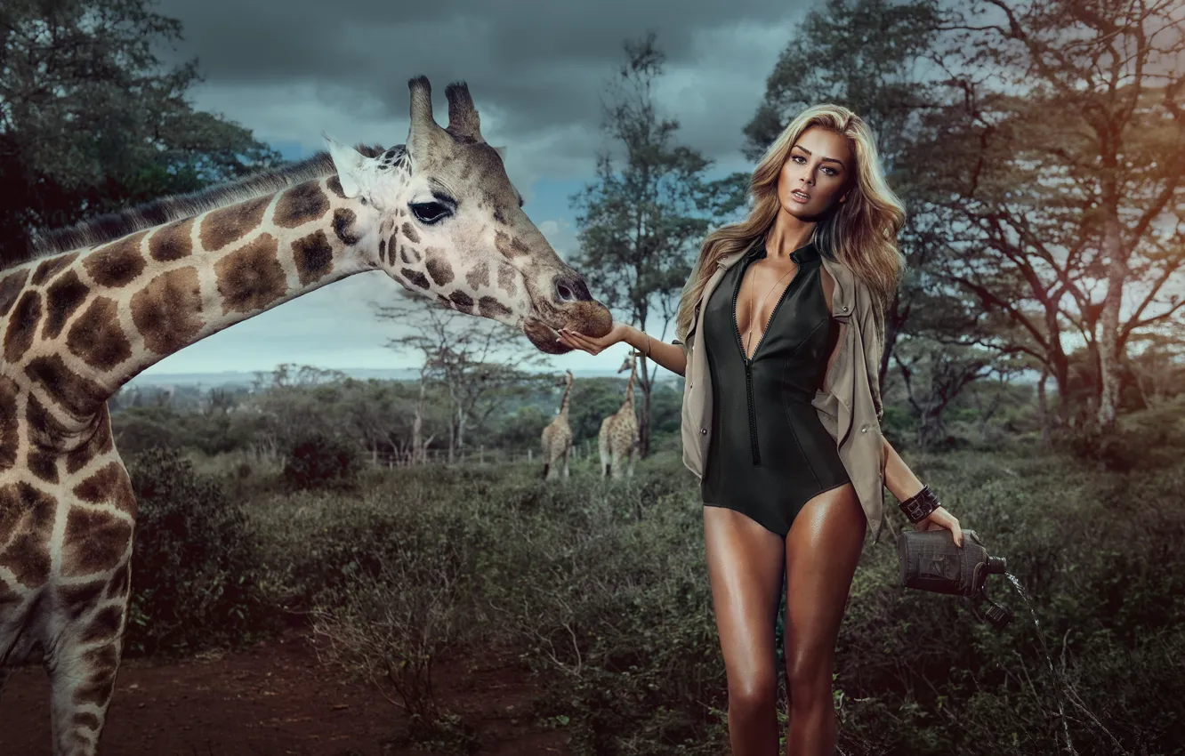 Фото обои грудь, девушка, деревья, секси, фон, модель, жираф, блондинка