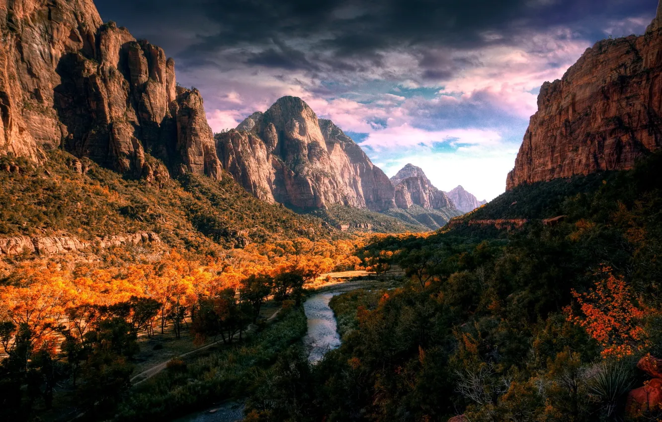 Фото обои осень, лес, горы, природа, река
