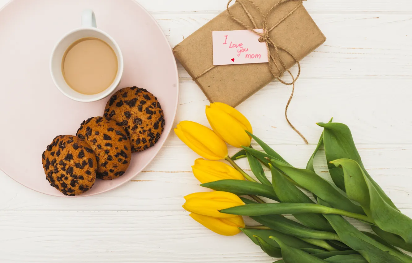Фото обои кофе, букет, весна, тюльпаны, Празднование, День матери