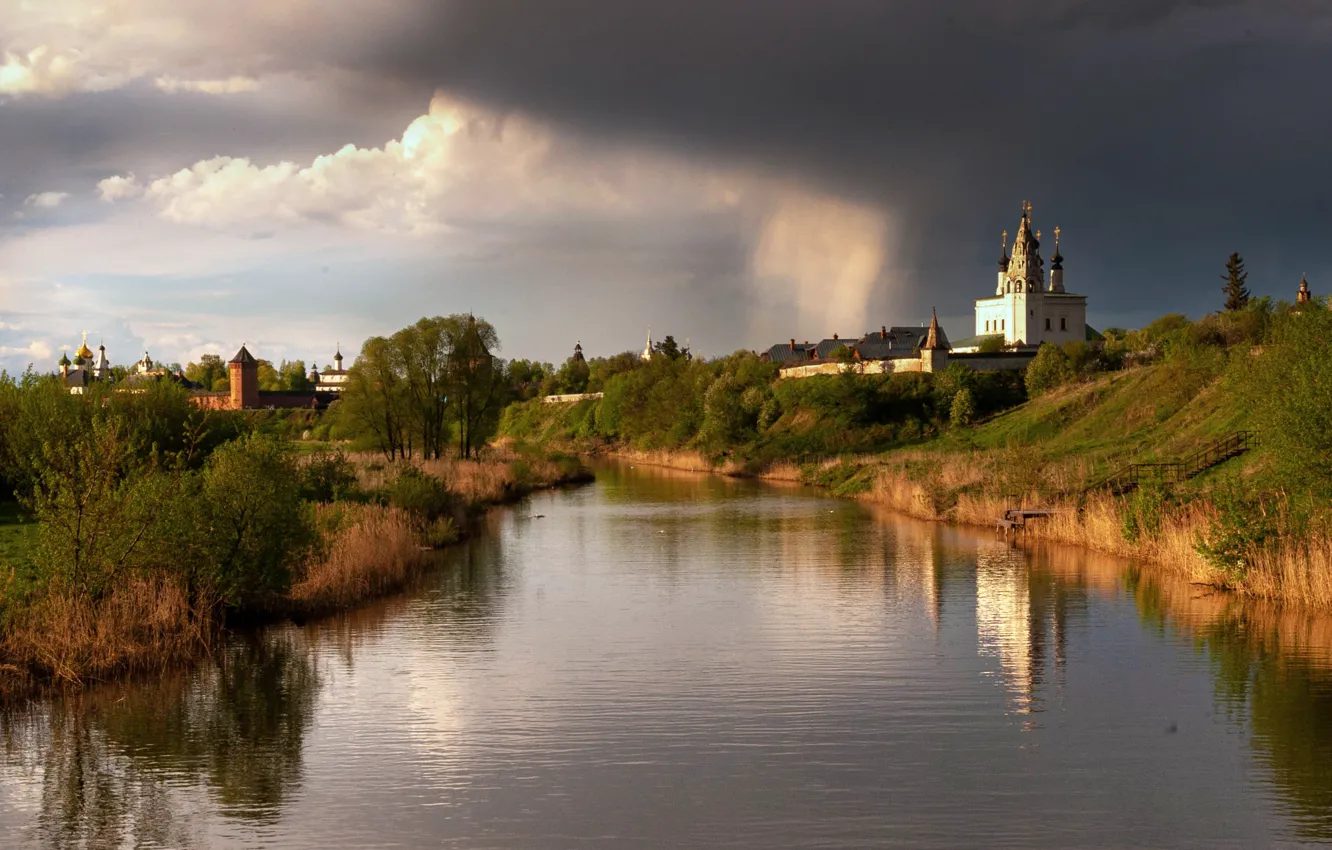 Фото обои пейзаж, тучи, природа, река, церковь, Андрей Малыгин