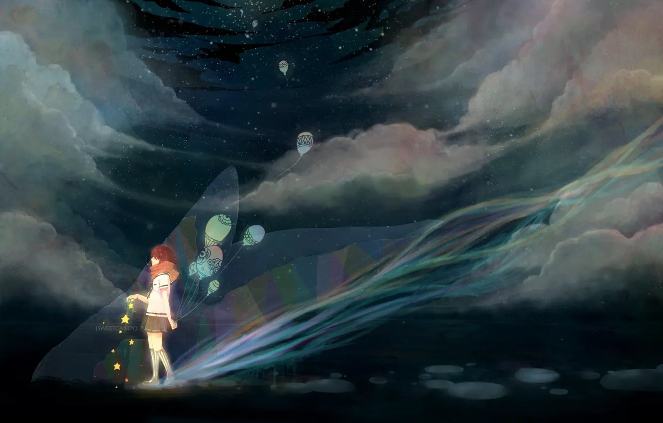 Фото обои девушка, звезды, ночь, воздушный шар, аниме, шарф, арт, профиль