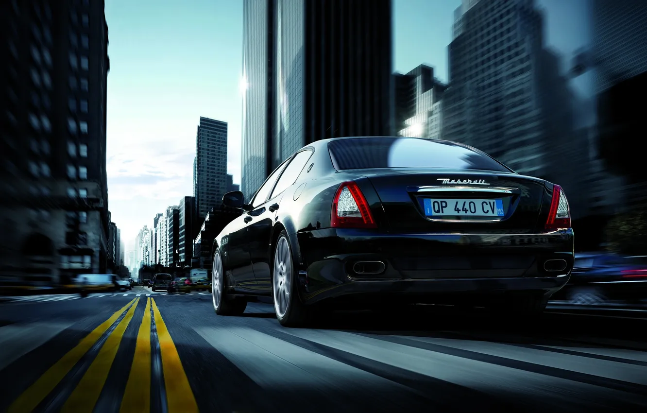 Фото обои Maserati, Quattroporte, Город, Мазерати, Car, Разметка, Black, Езда