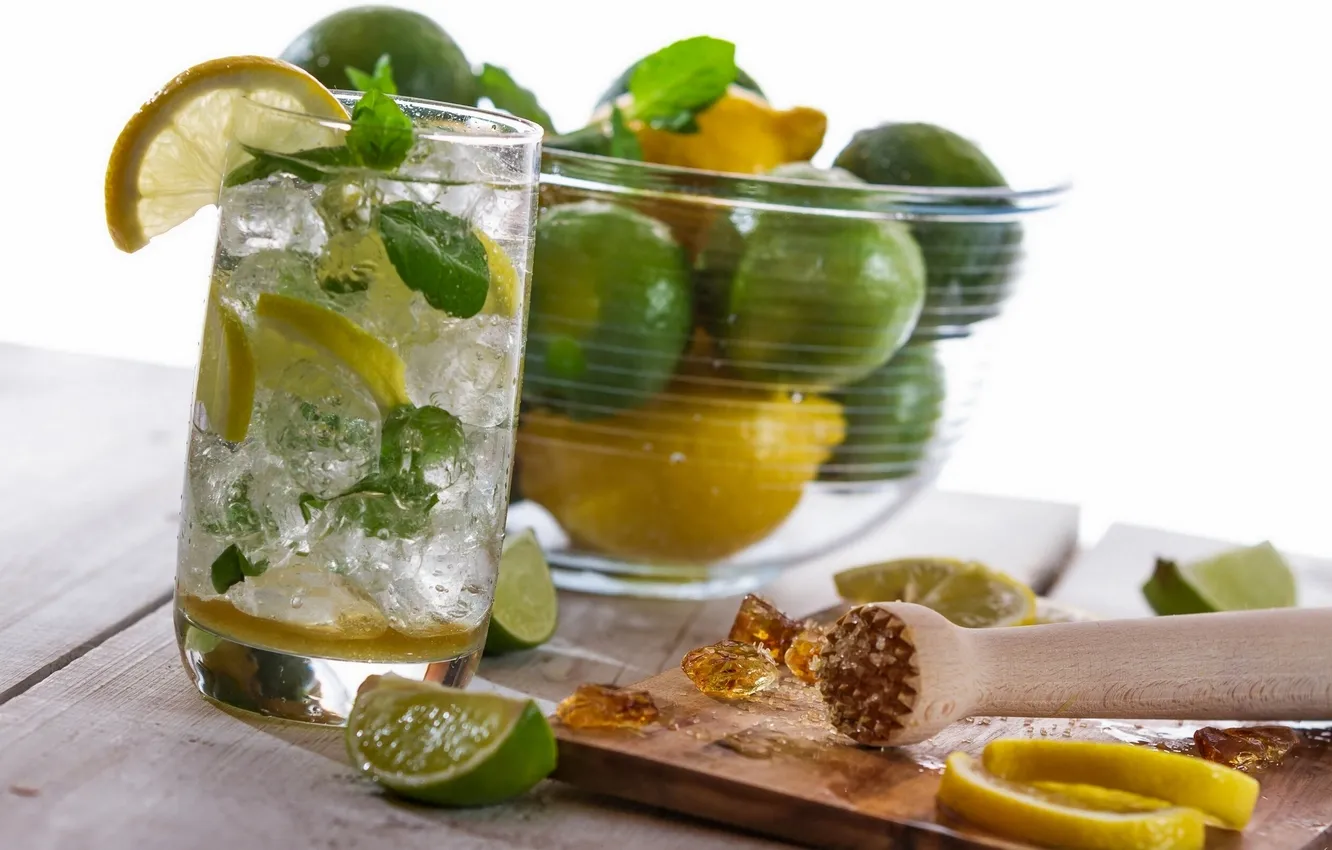 Фото обои лимон, коктейль, сахар, лайм, напиток, мохито