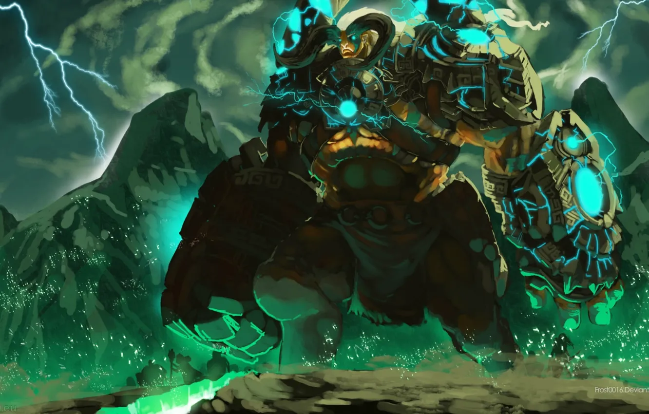 Фото обои горы, молнии, арт, Dota 2, Elder Titan, FrostLlamzon