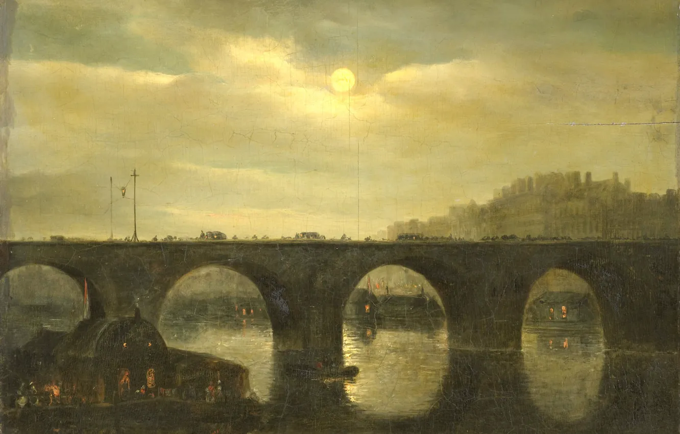 Фото обои масло, картина, 1835, Anthonie Waldorp, Энтони Вальдорп, Вид моста через Сену в Париже в лунном …