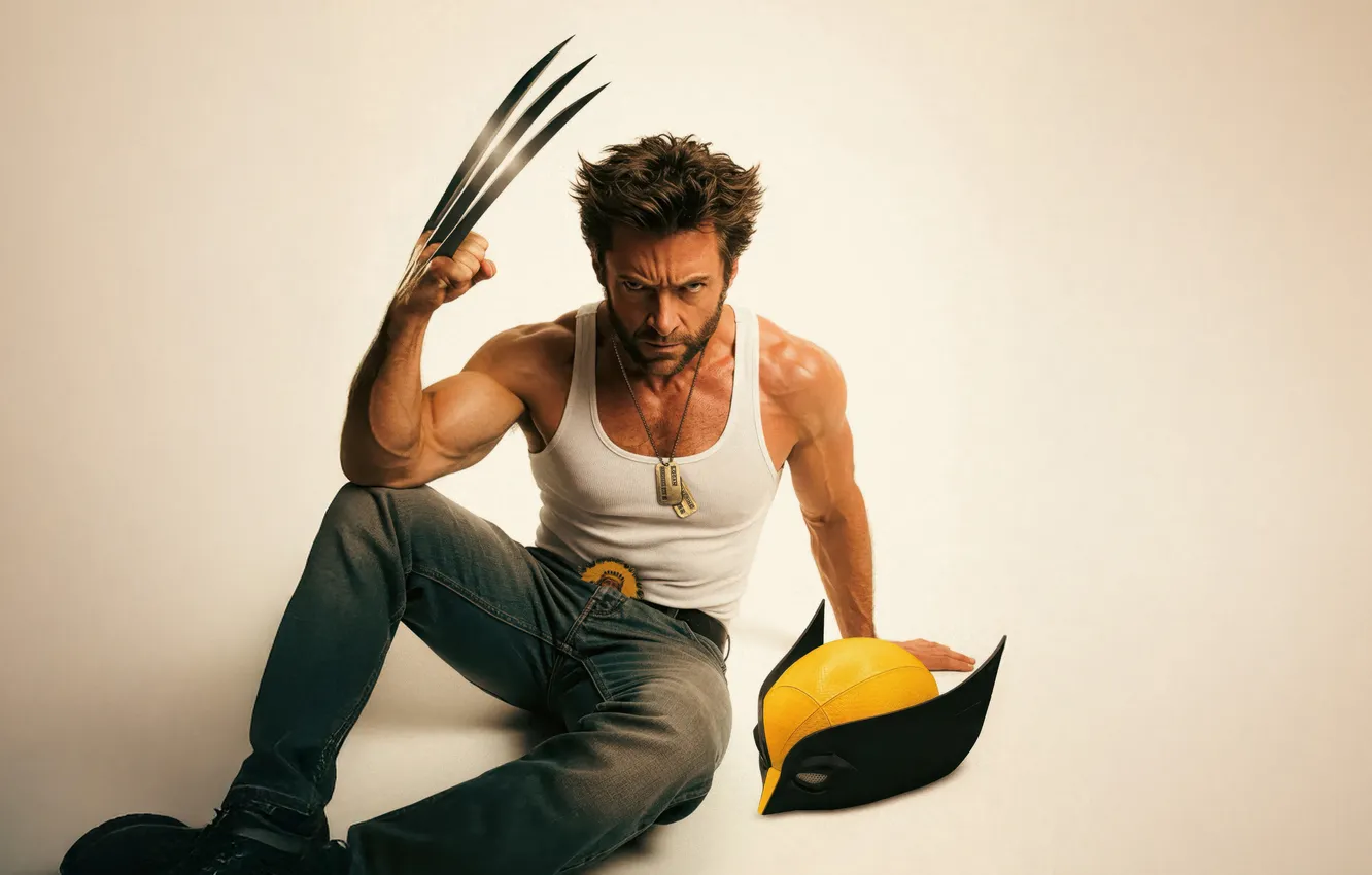 Фото обои актер, портрет, поза, фон, майка, Wolverine, Хью Джекман, джинсы