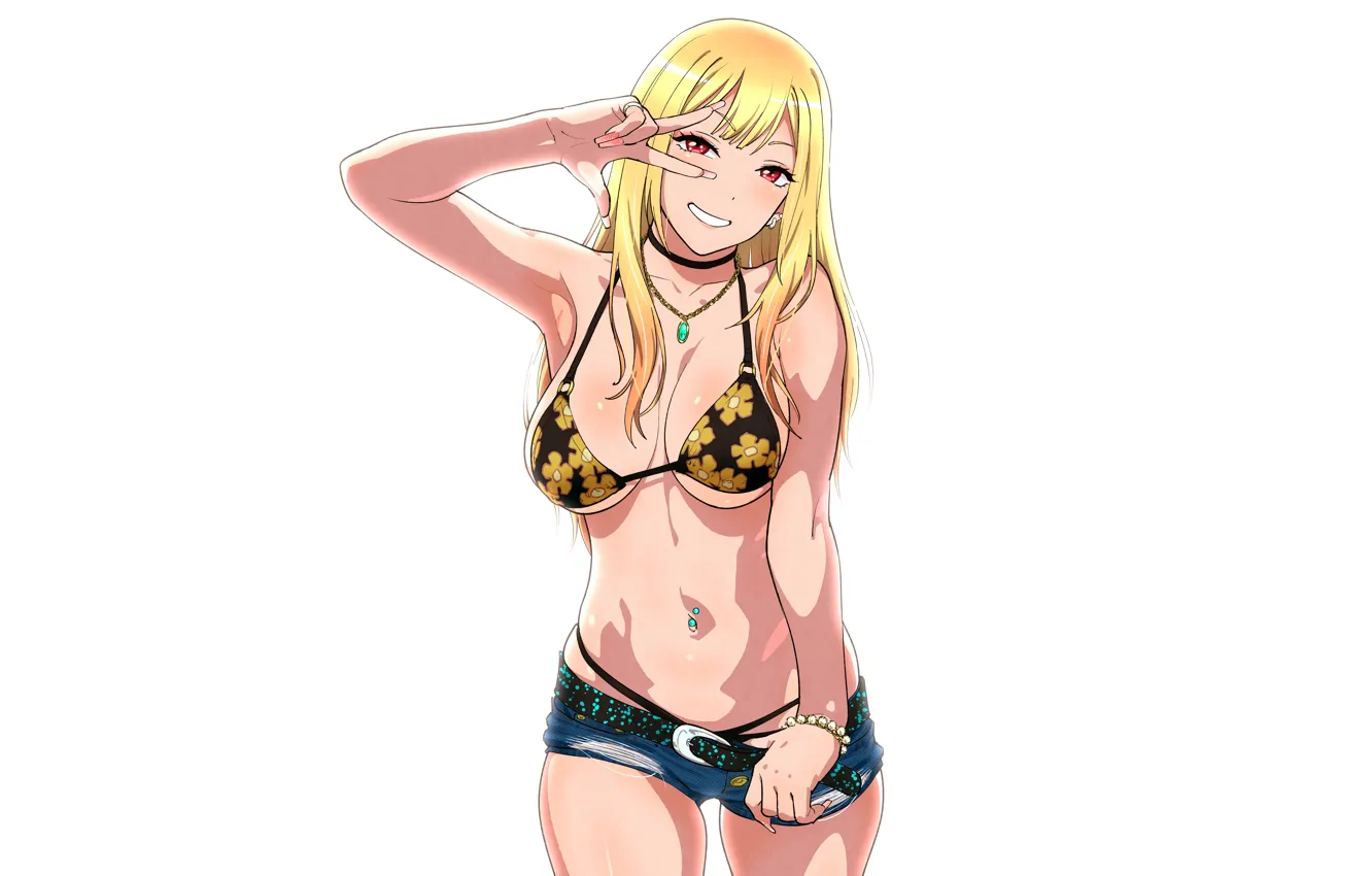Фото обои girl, sexy, cleavage, shorts, long hair, boobs, anime, beautiful