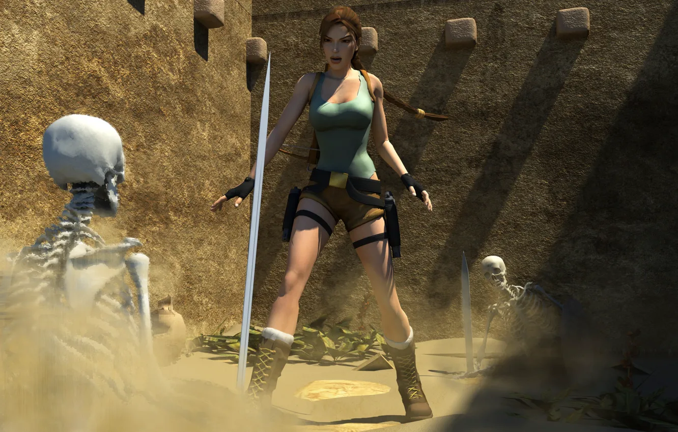 Фото обои меч, скелет, Tomb Raider, sword, art, Lara Croft, fan