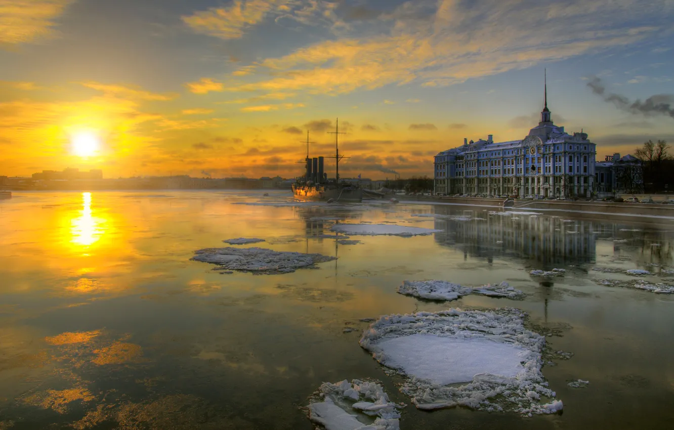 Фото обои зима, Санкт-Петербург, Аврора, крейсер