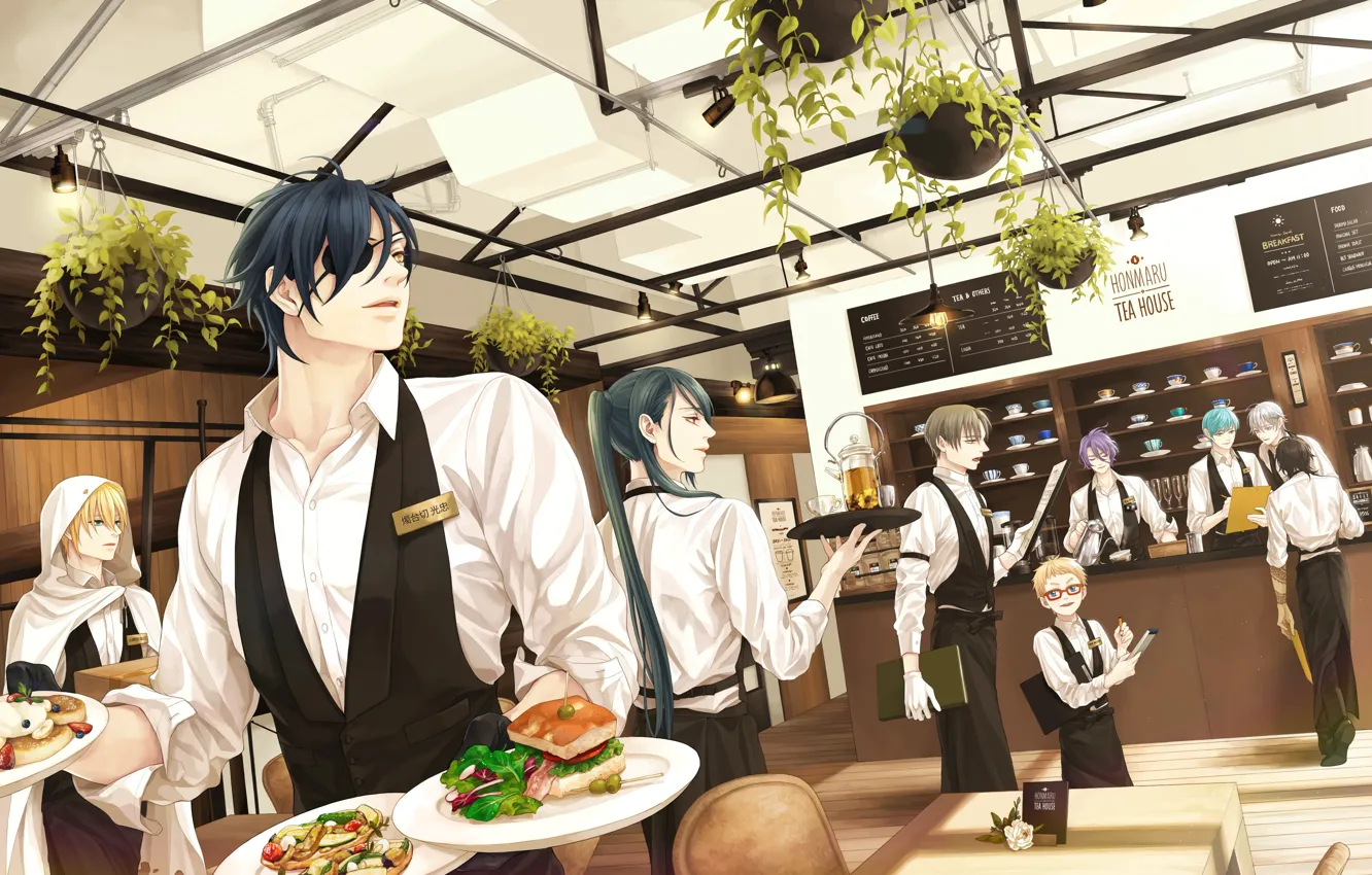 Фото обои аниме, арт, ресторан, парни, официанты, Touken ranbu