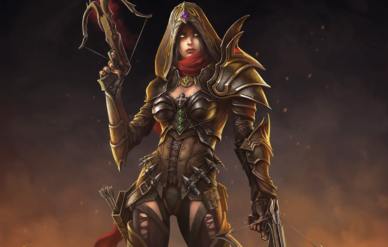 Фото обои девушка, арт, капюшон, Diablo III, арбалет, Demon Hunter, Reaper of Souls