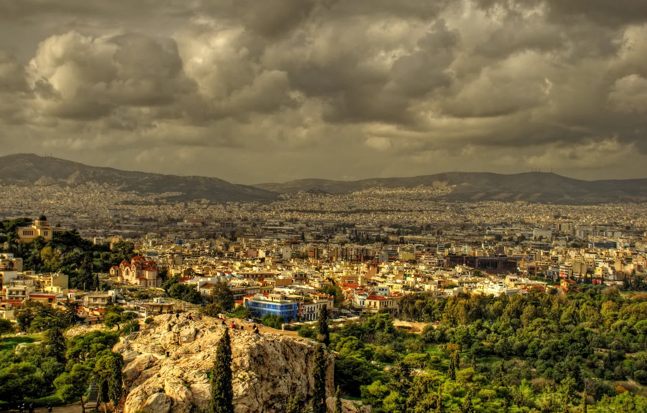 Фото обои деревья, пейзаж, горы, тучи, дома, Греция, панорама, Acropolis