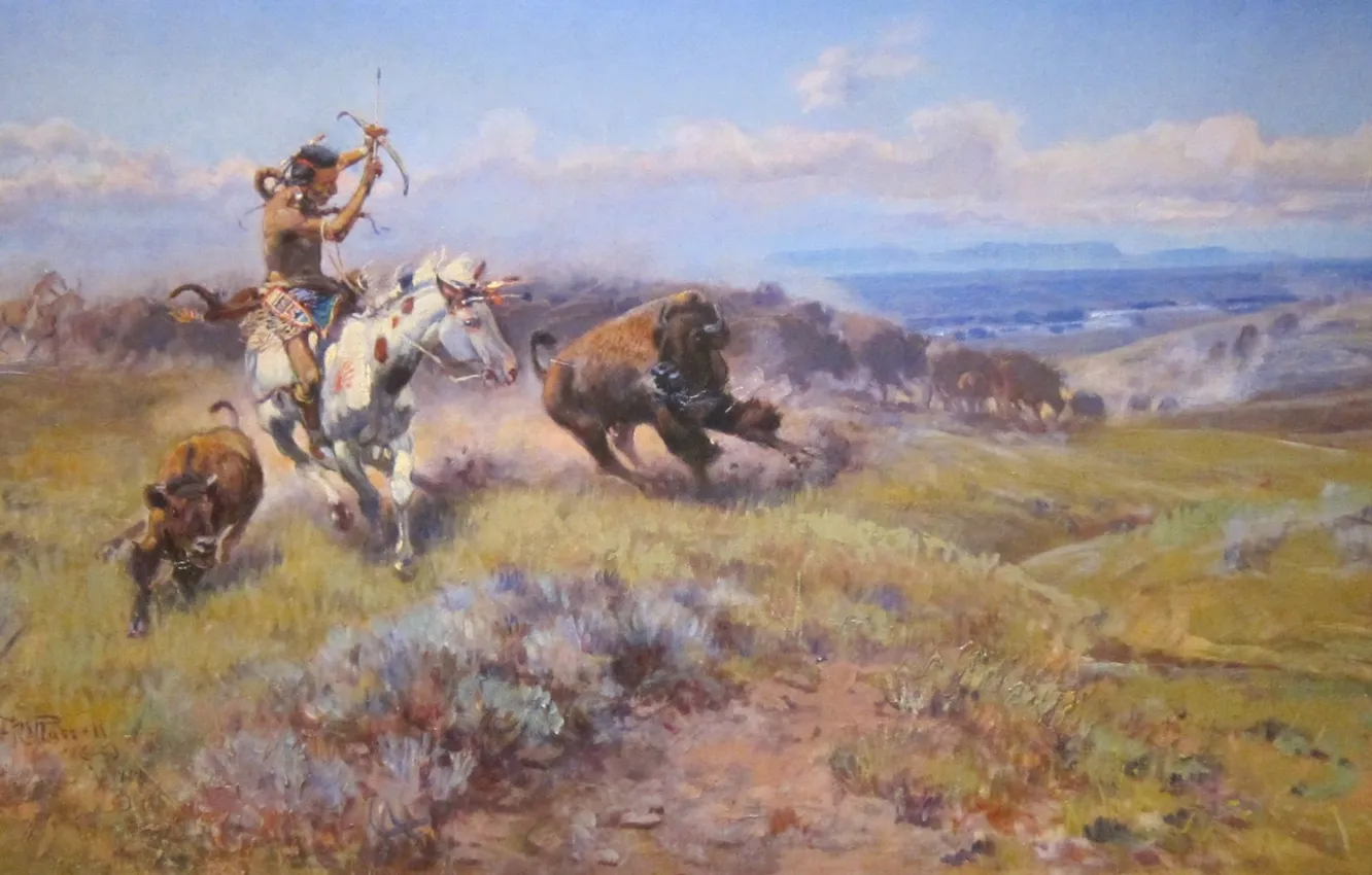 Фото обои art, horses, painting, artistic, native american, oil on canvas, first nations, charles russell
