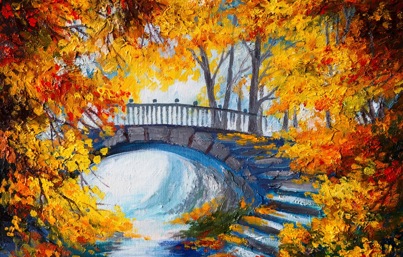 Фото обои осень, деревья, ступеньки, окрас, мостик, trees, bridge, autumn
