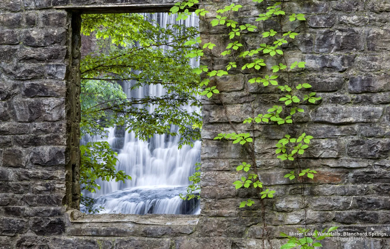 Фото обои Nature, Wall, U.S., Landscapes, Waterfall, Stones, Leaves, Arkansas