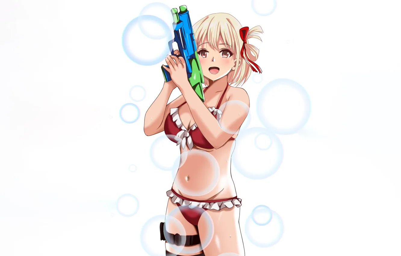 Фото обои girl, sexy, wet, cleavage, boobs, anime, beautiful, red eyes