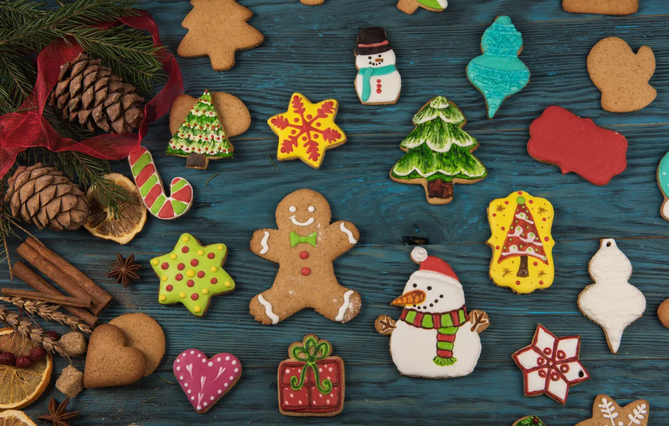 Фото обои Новый Год, печенье, Рождество, wood, Merry Christmas, cookies, decoration, пряники