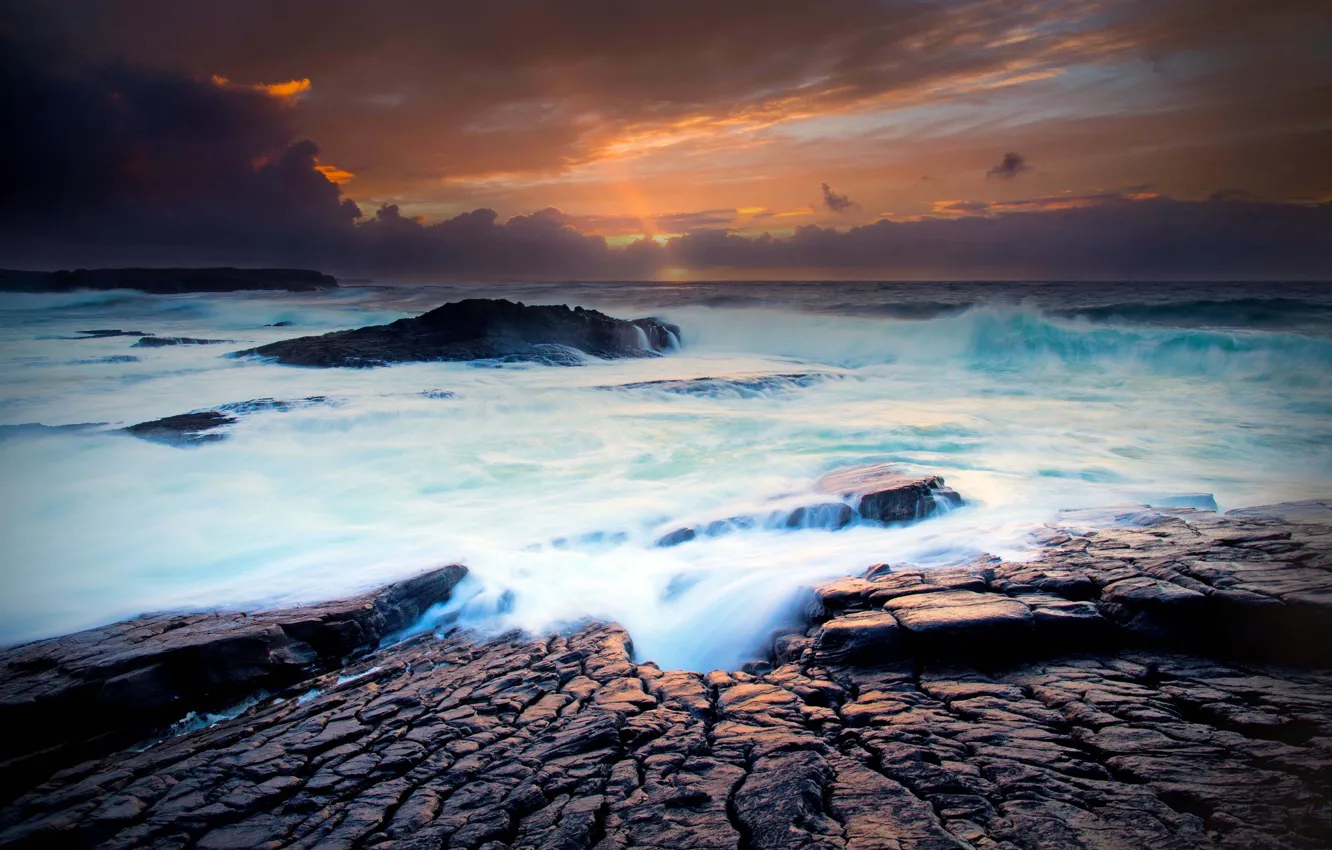 Фото обои волны, осень, облака, закат, скалы, выдержка, Клэр, Ирландия