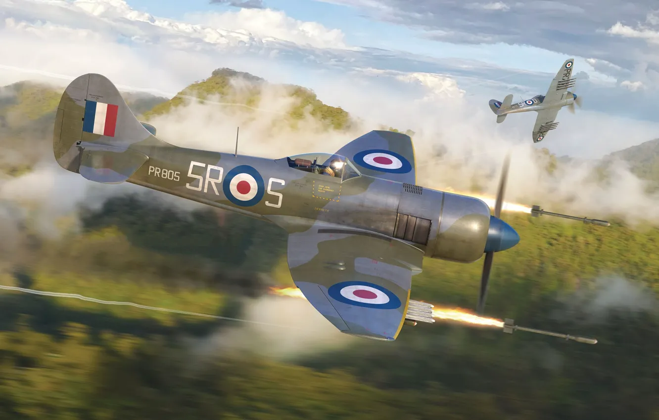 Фото обои Великобритания, истребитель-бомбардировщик, Штурмовик, Hawker Tempest, Raf, Adam Tooby, Tempest Mk.II Late Version