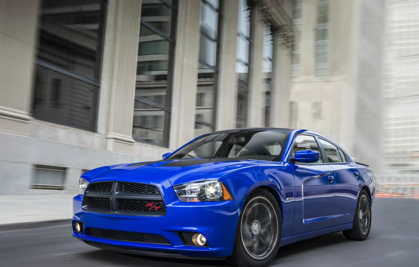 Фото обои синий, движение, скорость, Dodge, седан, додж, Charger, Sedan