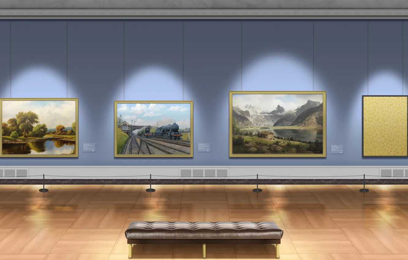Фото обои bench, floor, oil painting, art gallery, picture frmae