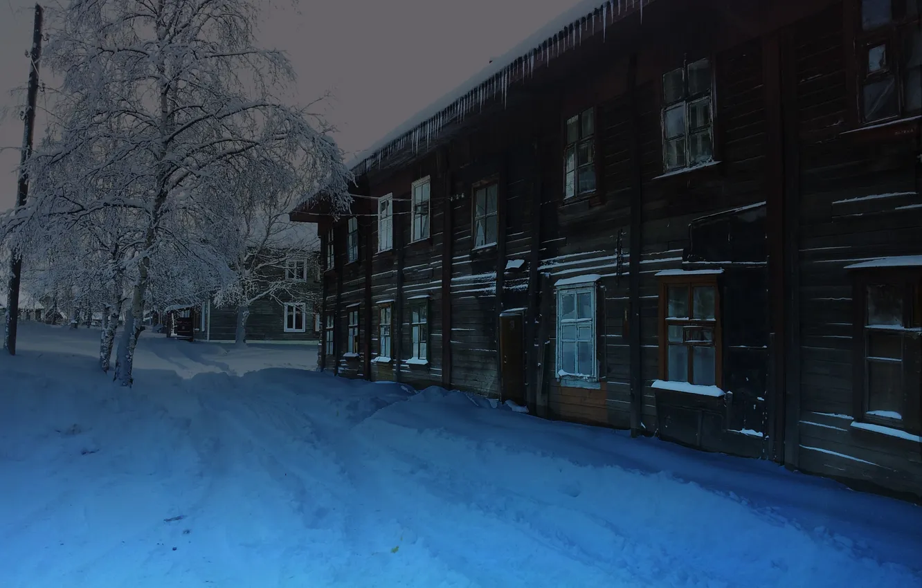 Фото обои зима, снег, дом, дерево, вечер