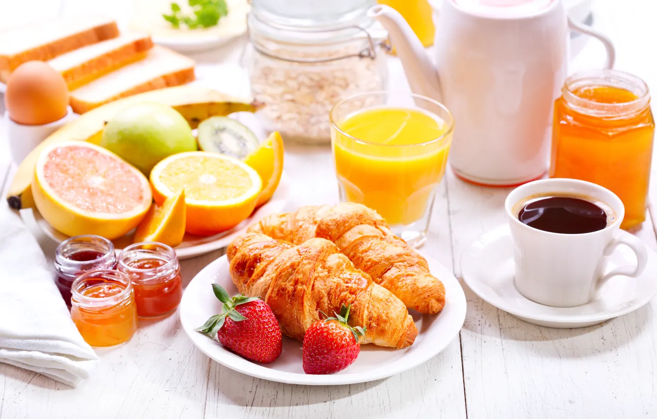 Фото обои кофе, завтрак, фрукты, выпечка, cup, джем, coffee, croissant