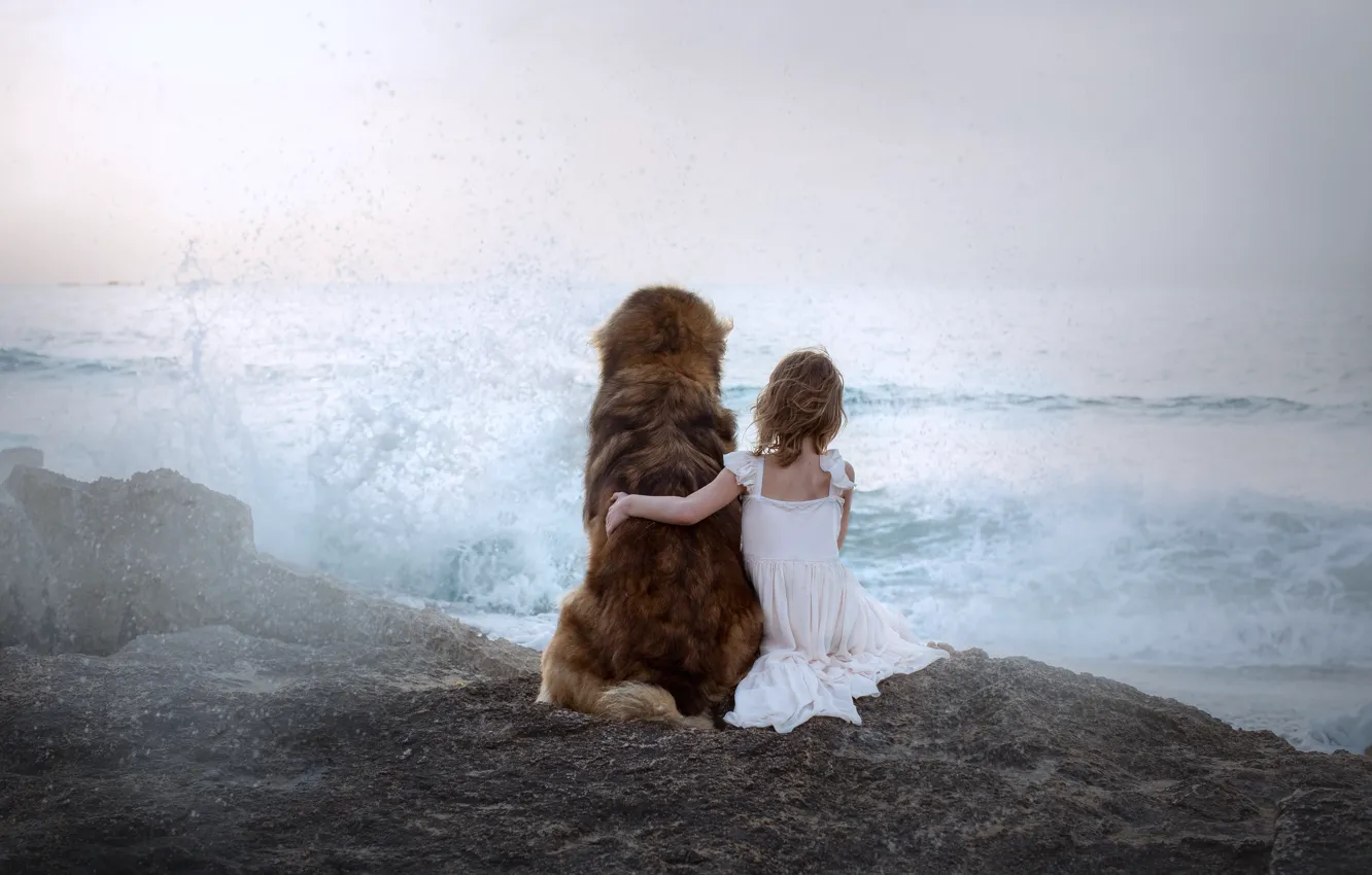Фото обои море, собака, девочка