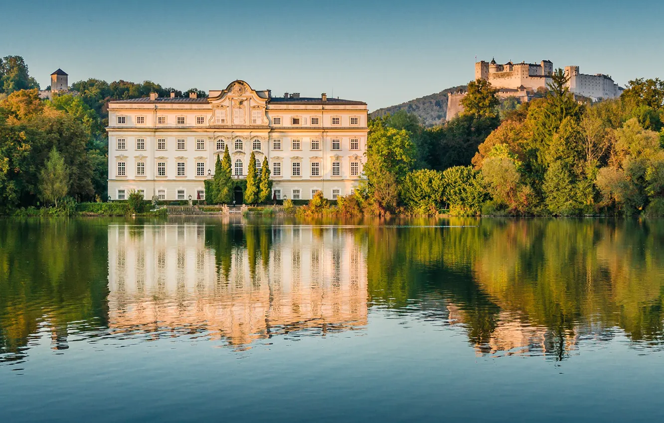 Фото обои город, река, замок, крепость, Austria, Salzburg, Leopoldskron, Hohensalzburg Fortress