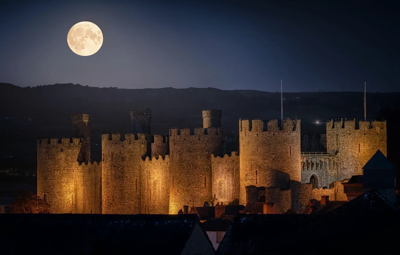 Фото обои ночь, замок, луна
