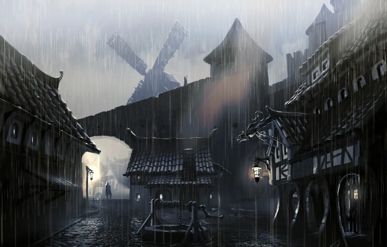 Фото обои город, дождь, человек, брусчатка, фонари, колодец, мельница, Skyrim
