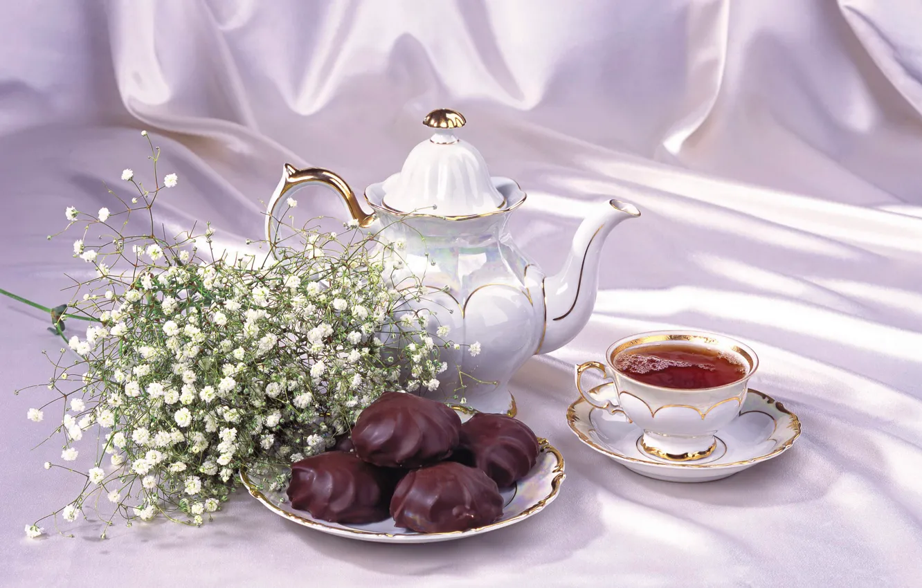 Фото обои чай, чайник, чашка, натюрморт, зефир