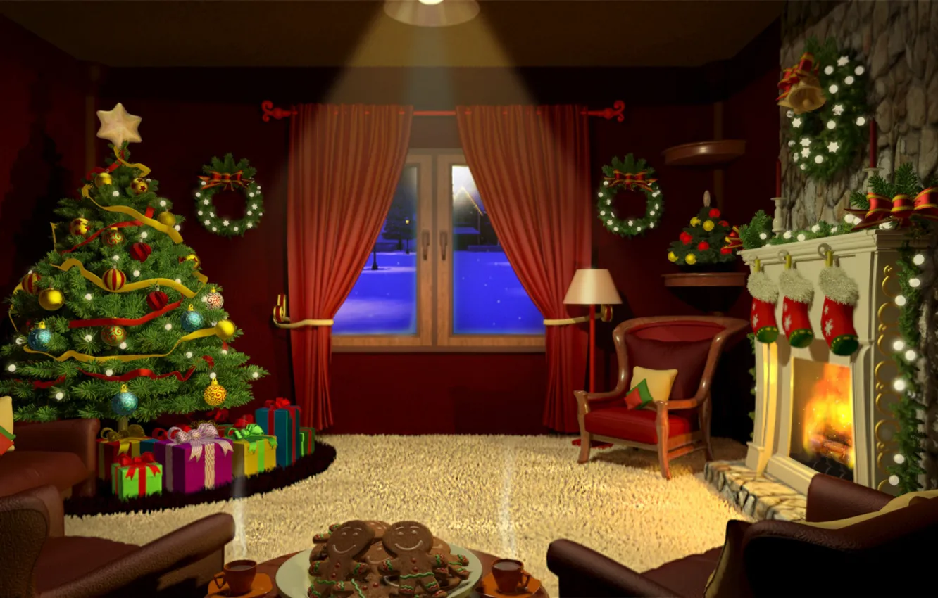 Фото обои ночь, комната, настроение, арт, подарки, Новый год, ёлка, Merry Christmas