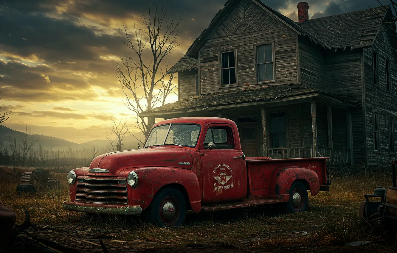 Фото обои авто, закат, дом, арт, wallpaper, house, auto, sunset