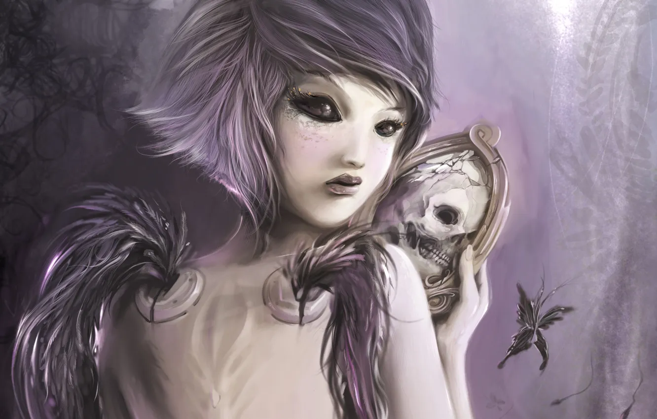 Фото обои девушка, череп, крылья, зеркало, демон, арт, зеркальце