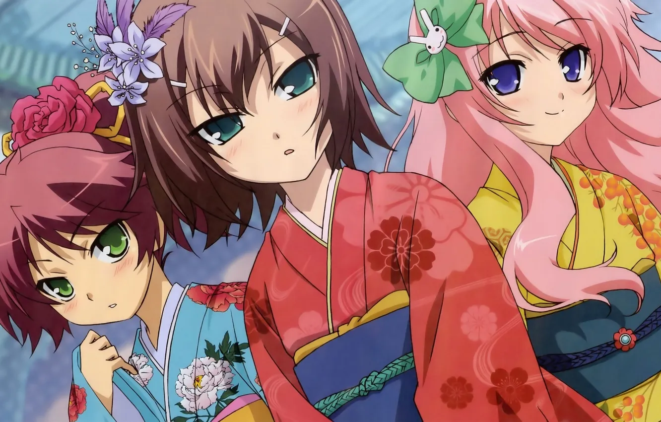 Фото обои цветы, девочки, кимоно, бант, подруги, baka to test to shoukanjuu, kinoshita hideyoshi, shimada minami