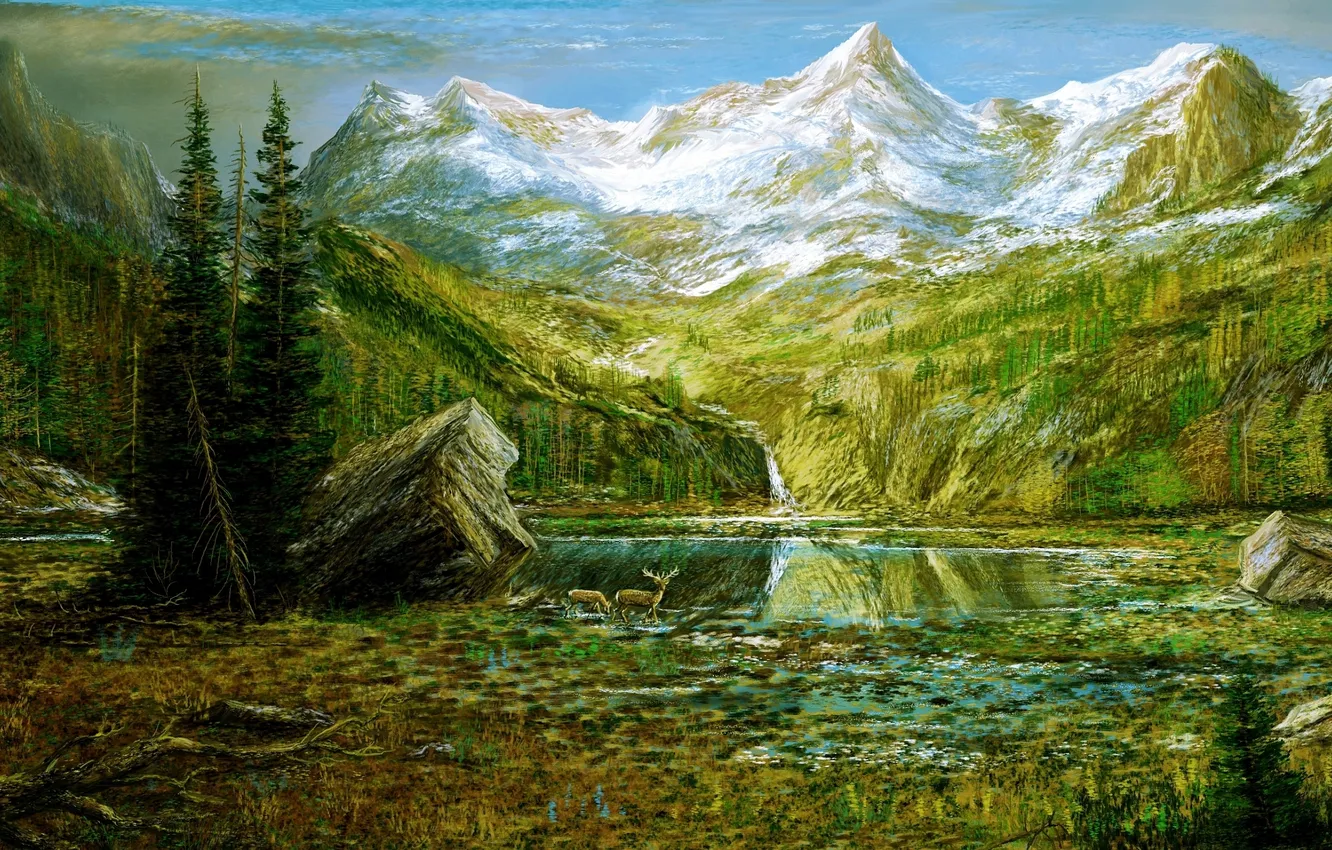 Фото обои лес, горы, озеро, картина, олени