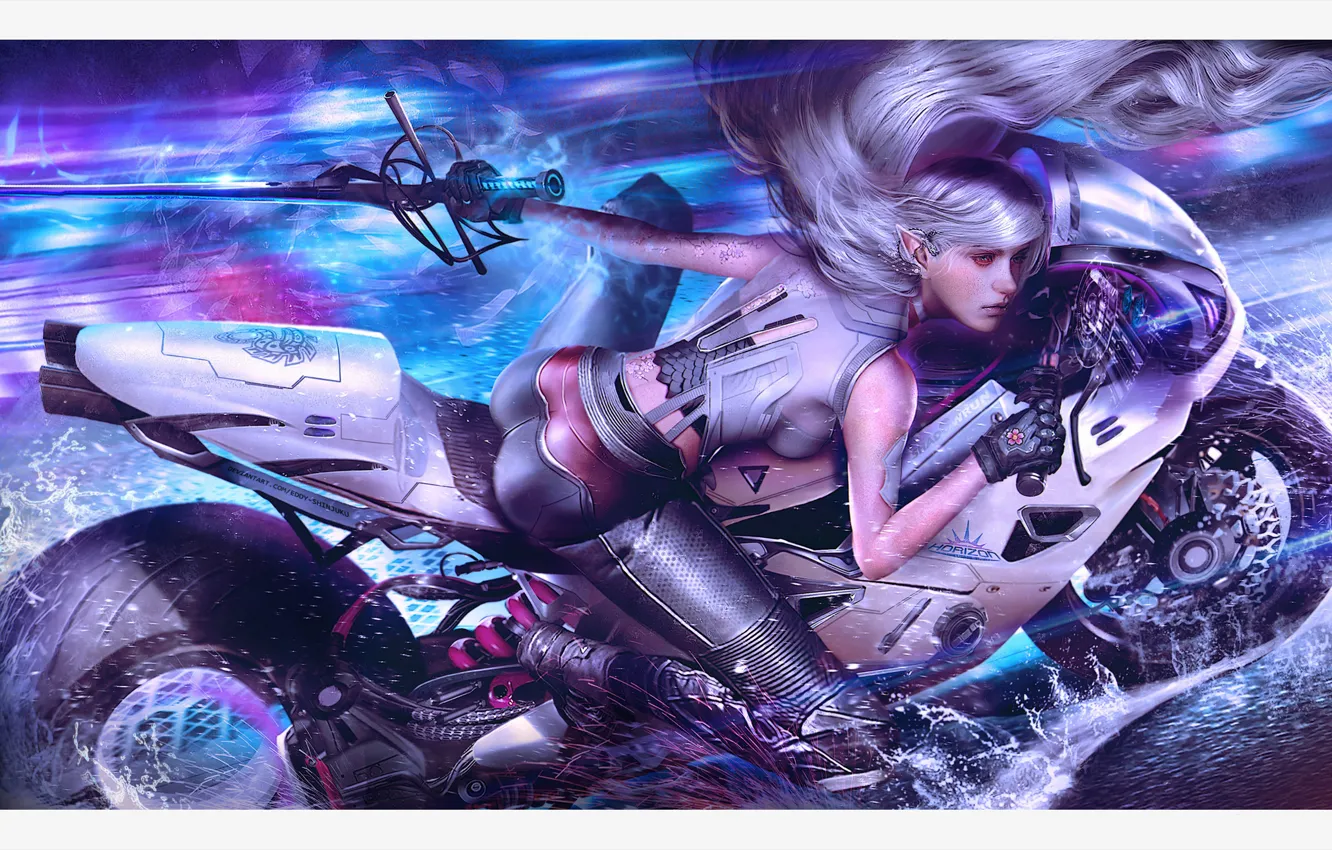 Фото обои девушка, фантастика, меч, мотоцикл, bike, art, cyberpunk, shadowrun