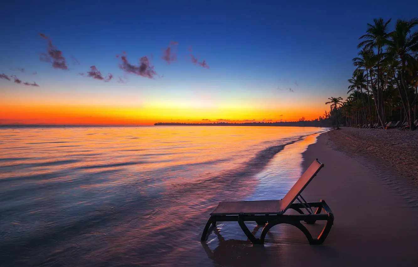 Фото обои песок, море, небо, закат, природа, пальмы, берег, Valentin Valkov