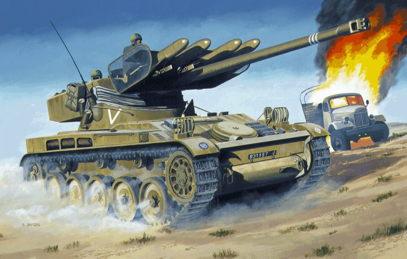 Фото обои пустыня, рисунок, грузовик, танк, ПТУР SS-11, АМХ-13