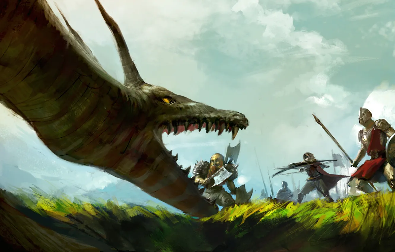 Фото обои трава, оружие, люди, дракон, арт, битва, гном, лучник