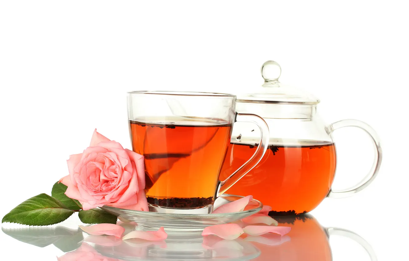 Фото обои стекло, чай, розовая, роза, чайник, белый фон