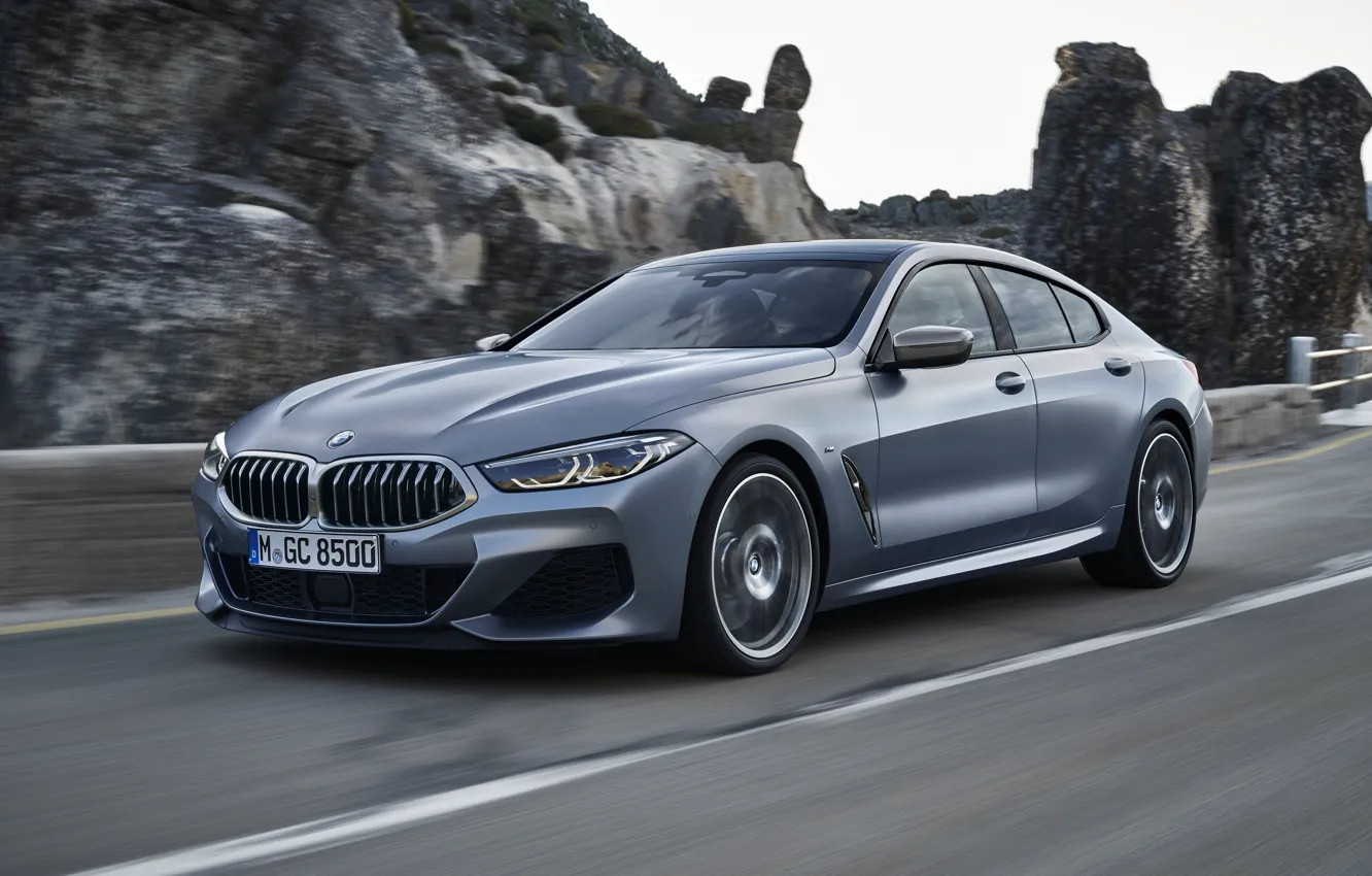 Фото обои движение, скалы, купе, BMW, Gran Coupe, 8-Series, 2019, четырёхдверное купе