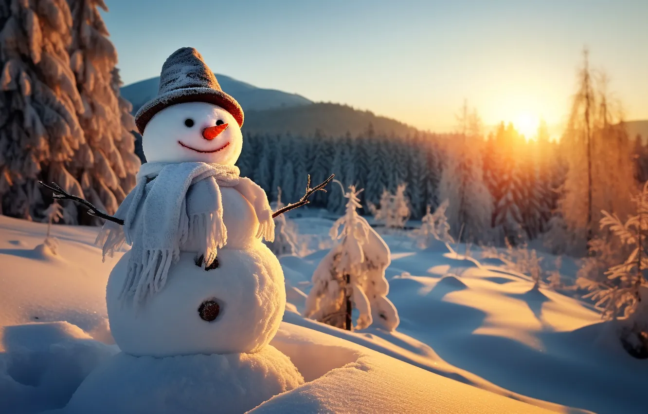 Фото обои зима, снег, природа, Рождество, Новый год, снеговик, ИИ-арт, нейросеть