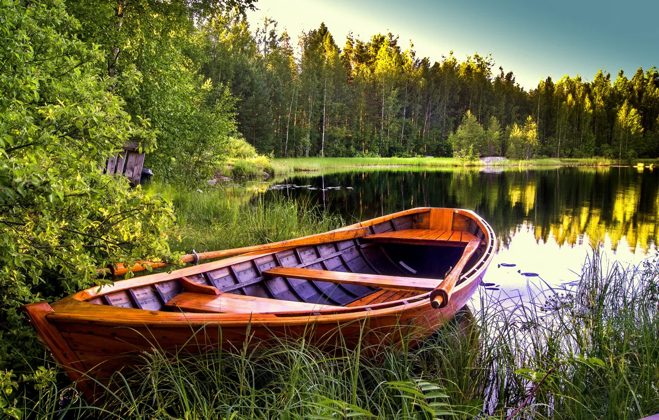 Фото обои деревья, пейзаж, природа, озеро, лодка