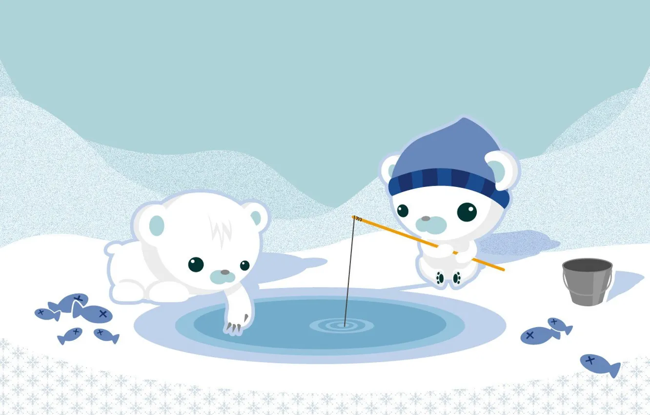 Фото обои снег, рисунок, рыбалка, медведи
